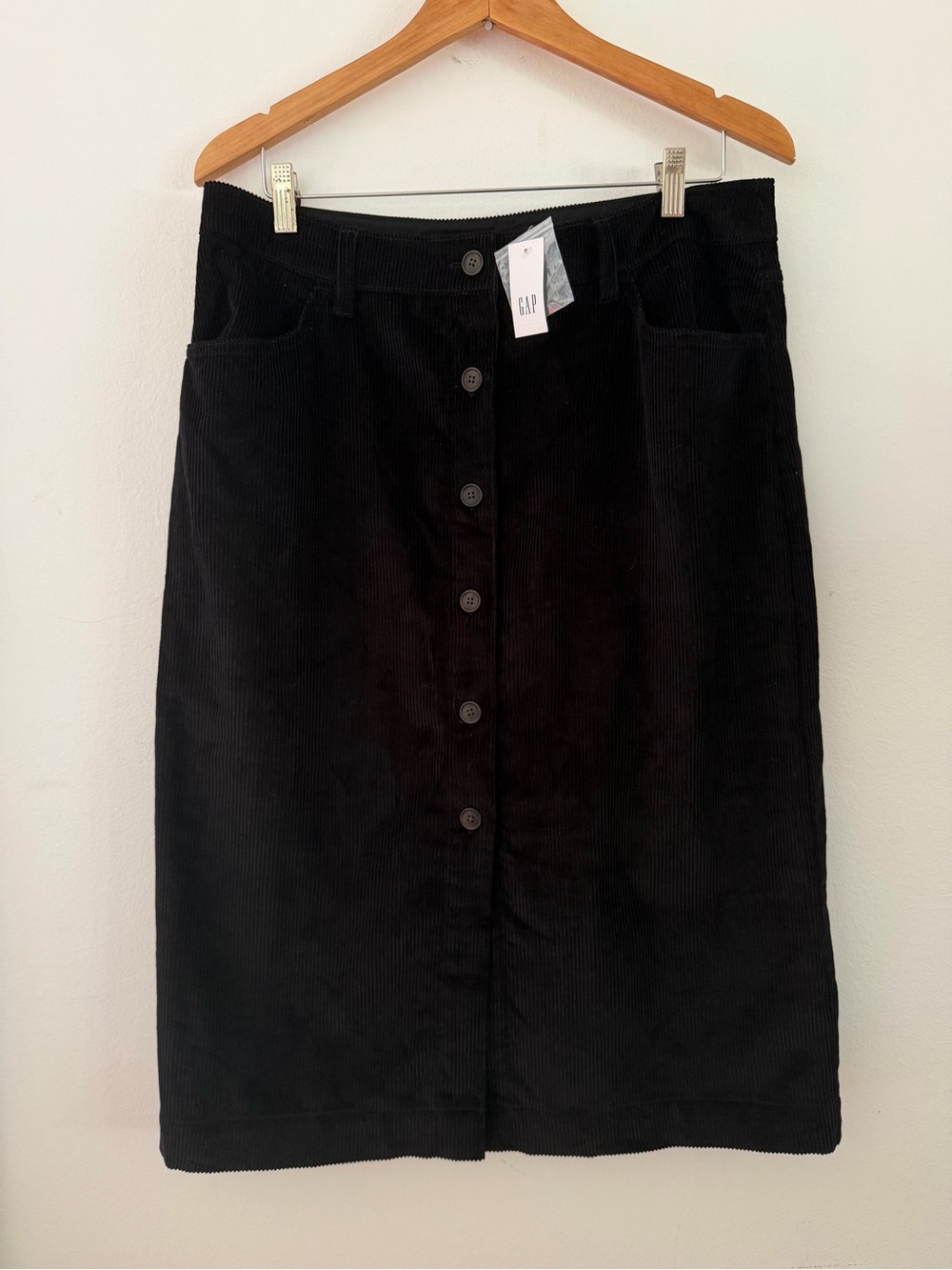 GAP Skirt Corduroy Midi Length 100% Cotton Black Button Front Women's Size 14